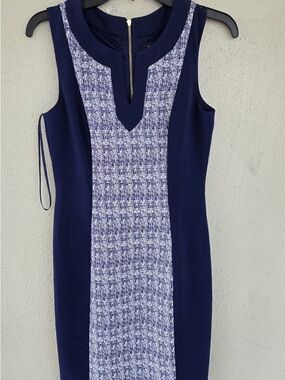 Tahari Navy Sleeveless Midi Dress with White Tweed Panel